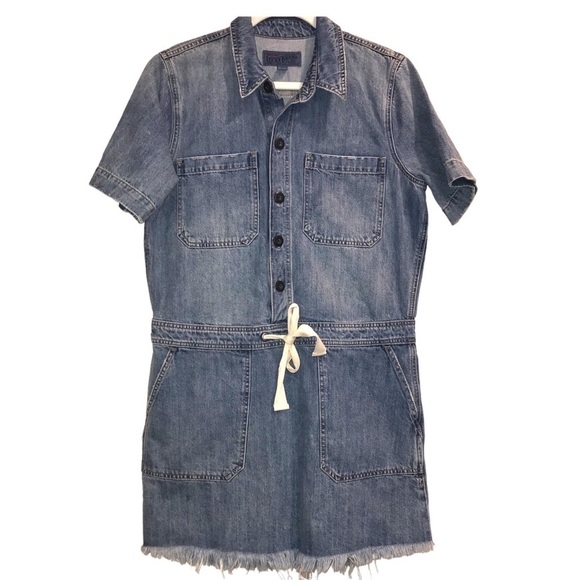 Lucky Brand Denim Jean Coverall Short Sleeve Dress Raw Hem Woman’s Medium - Picture 1 of 7